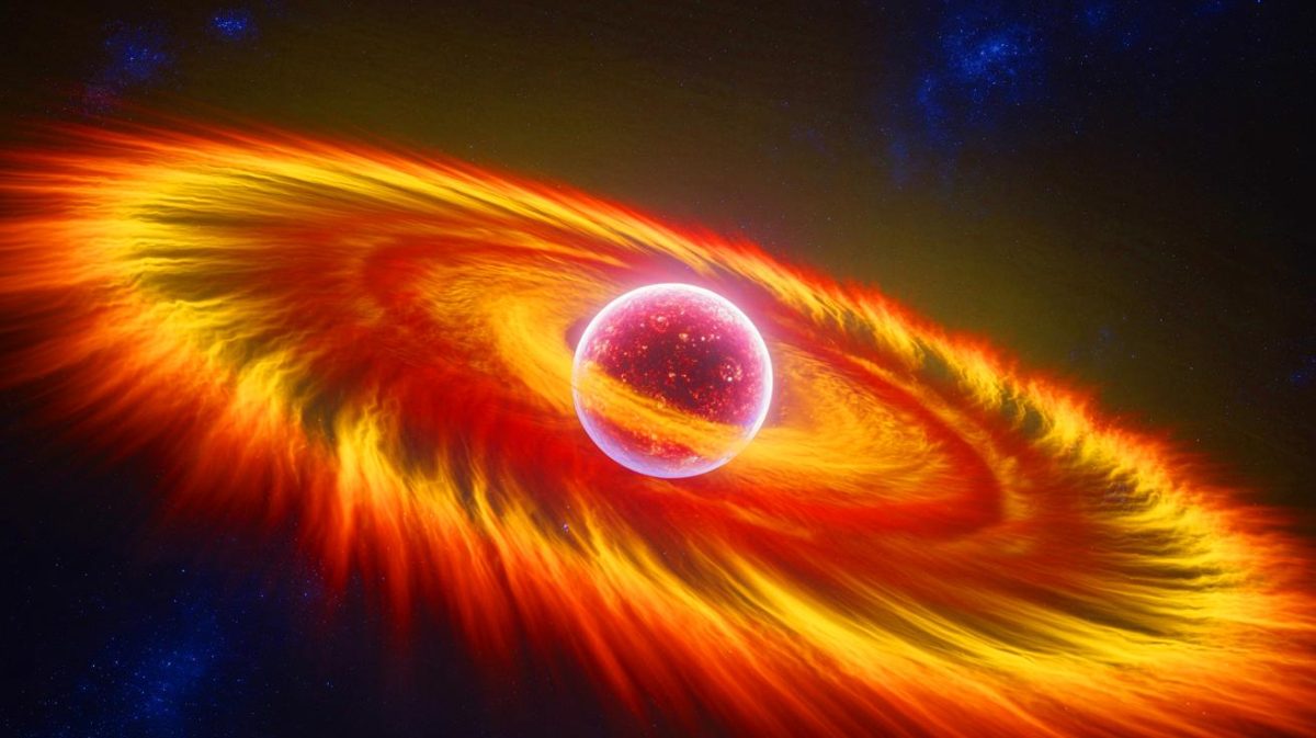 Astronomen entdecken „Molekülbaukasten im V883 Orionis“ und heizen die Debatte an: Ist unser Leben im Weltraum geboren worden Illustration von der protoplanetaren Scheibe um den Protostern V883 Orionis mit komplexen organischen Molekülen.