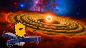 Illustration von der Entdeckung hoher CO2-Konzentrationen in der planetenbildenden Scheibe um den Stern XUE 10.