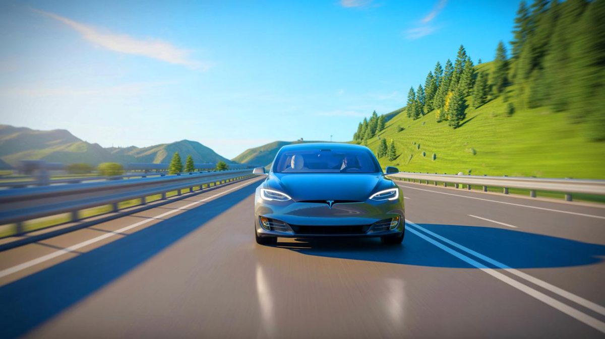 Illustration von einem Tesla-Fahrzeug mit aktiviertem Autopilot und der Diskussion um die Sicherheit autonomer Fahrsysteme.