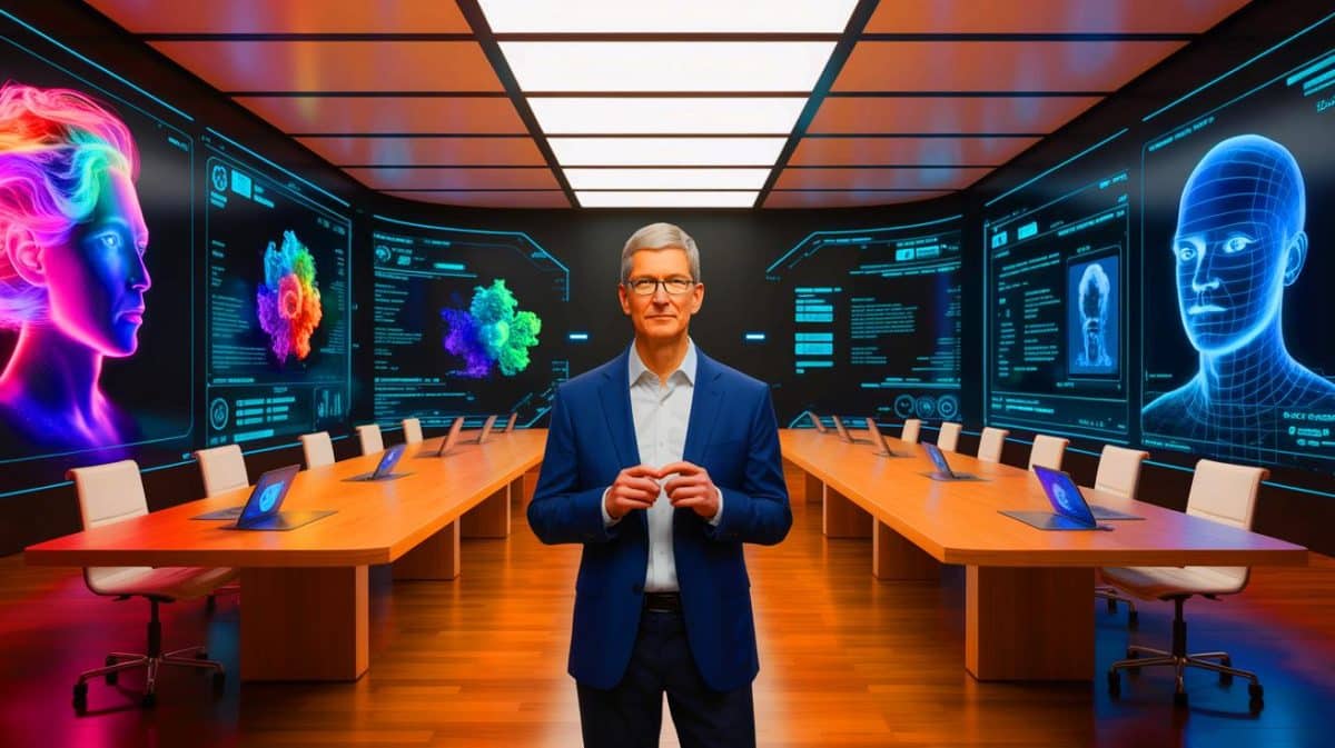 Illustration von Apple-CEO Tim Cook bei der strategischen Neuausrichtung im Bereich Künstliche Intelligenz.