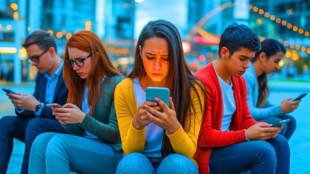 „Brutaler Druck lässt uns verzweifeln“: Die Jugend leidet unter 20 % höherer Stressbelastung als je zuvor Illustration von jungen Erwachsenen, die unter dem Druck sozialer Medien leiden.