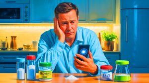 Illustration von einem Mann, der auf Anraten von KI seine Ernährung umstellt und gesundheitliche Probleme erleidet.