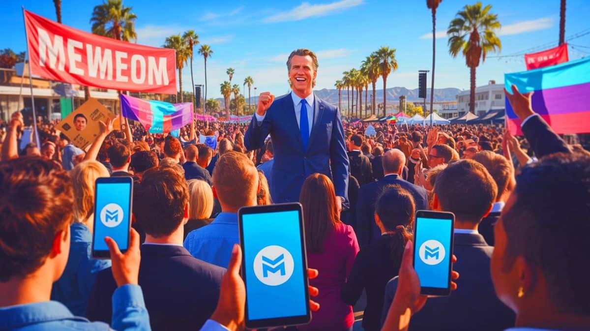 „Kaliforniens Gouverneur verkündet Skandal“: Der neue Memecoin erschüttert die politische Landschaft mit 1.000.000 Dollar Risiken Illustration von der Ankündigung des „Trump Corruption Coin“ durch Gouverneur Gavin Newsom.