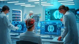 „Unglaublich, die KI liest Gedanken“: Forscher feiern Durchbruch, dein Gehirn bald wie offenes Buch im Tech-Krieg Illustration von einer Hirn-Computer-Schnittstelle, die Gedanken in Text übersetzt.