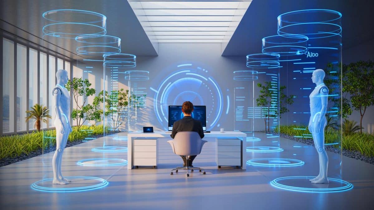 Illustration von der zukünftigen Bedienung von Computern ohne Maus und Tastatur.
