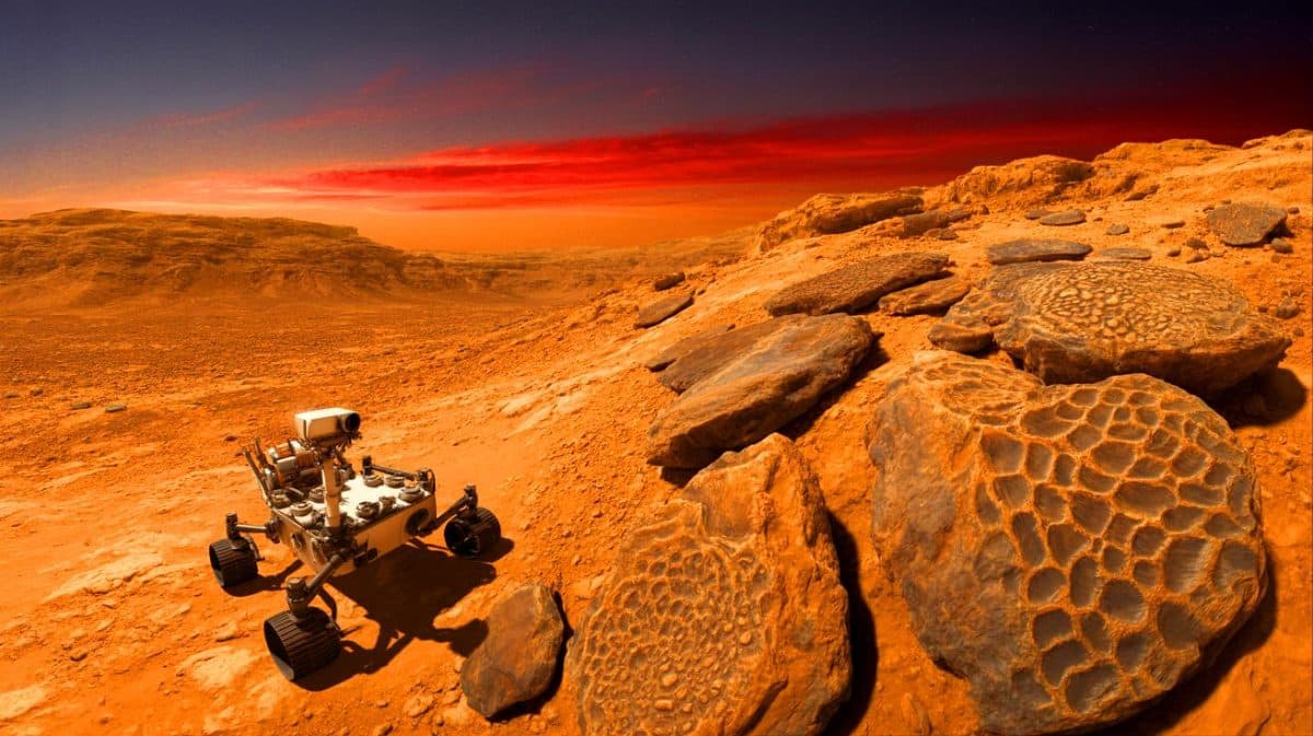 Mars-Sensation: Perseverance Entdeckt Hinweise Auf Leben – Wissenschaftler In Aufruhr Über Diese Unfassbare Enthüllung Illustration von der Entdeckung potenzieller Lebensspuren auf dem Mars durch den Rover Perseverance.