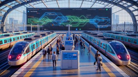 Quantencomputer Revolutioniert Bahnverkehr: Erschreckende Entdeckung Enthüllt Verborgene Muster, Die Verspätungen Für Immer Verändern Illustration von der Nutzung von Quantencomputern zur Optimierung von Zugfahrplänen.