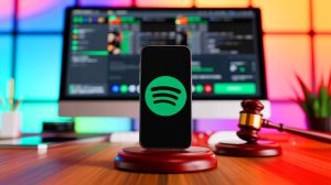 Illustration von der rechtlichen Auseinandersetzung zwischen Spotify und Revanced über die Nutzung von Premium-Funktionen.