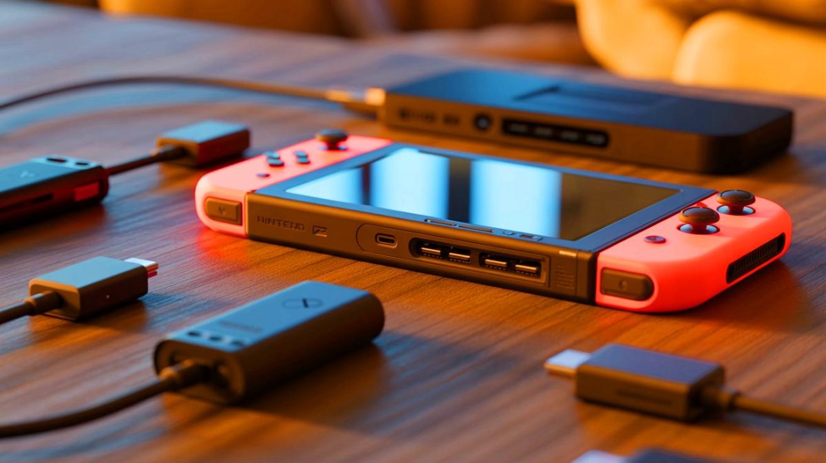 „Diese Enthüllung soll alternative Zubehörsteller ausschließen: Nintendo plant drastische Maßnahmen für die Switch 2 Zubehörindustrie“ Illustration von der modifizierten USB-C-Anschlussstrategie der Nintendo Switch 2 zur Einschränkung von Drittanbieterzubehör.