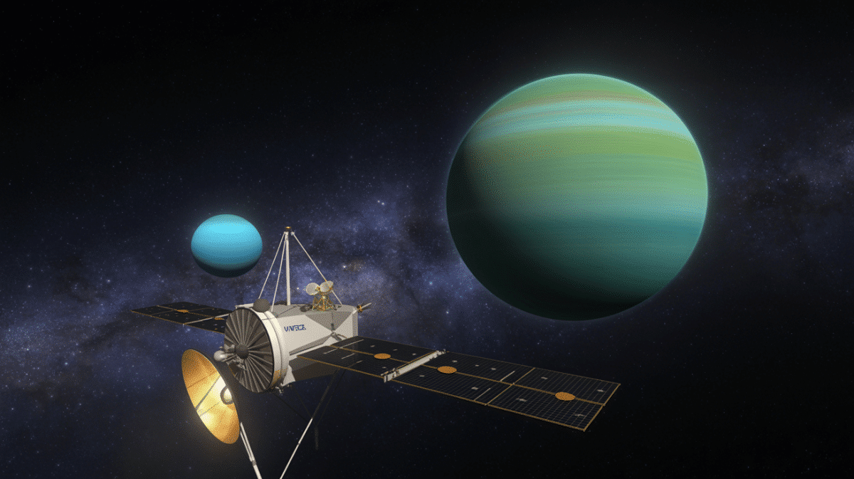 Illustration of the Voyager 2 spacecraft and its insights into Uranus and Neptune.