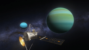 Illustration of the Voyager 2 spacecraft and its insights into Uranus and Neptune.