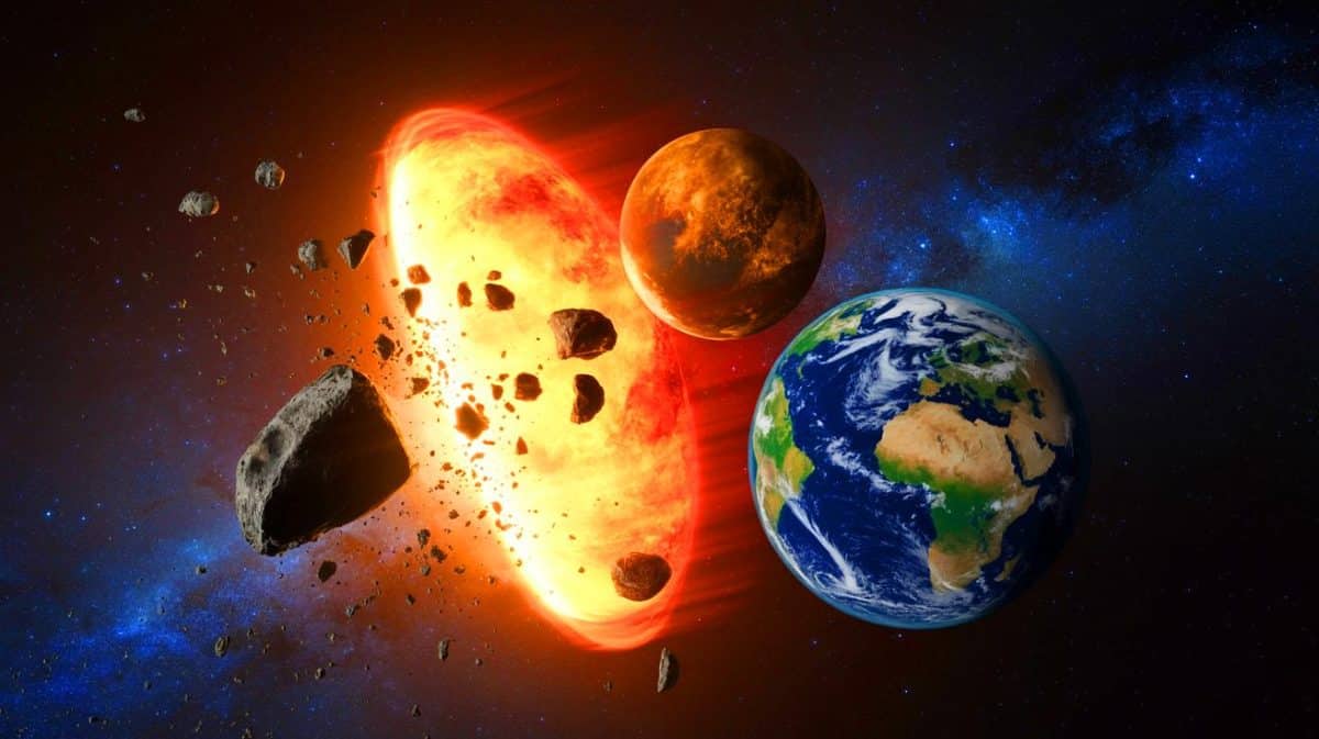 Illustration von der Kollision der Proto-Erde mit dem Planeten Theia.