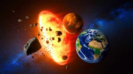 „Es ist schlimmer als gedacht“: Dieser kosmische Crash enthüllt das Geheimnis des Lebens (und betrifft auch Sie). Illustration von der Kollision der Proto-Erde mit dem Planeten Theia.