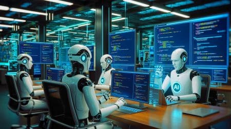 Illustration von KI-Agenten bei der Fehlerbehebung und Schwachstellenerkennung in der Softwareentwicklung.