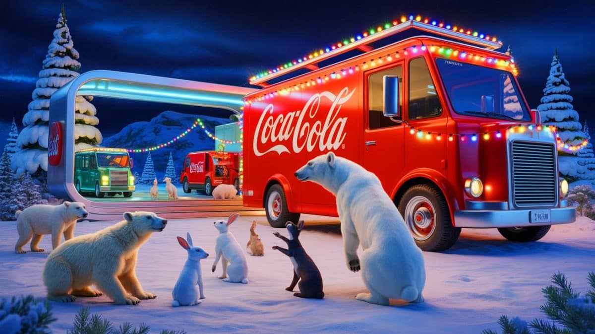 Coca-Cola nutzt KI für Weihnachtswerbung erneut, doch kritische Stimmen zur Technologie bleiben laut Illustration von der Nutzung künstlicher Intelligenz in Coca-Colas Weihnachtswerbung.