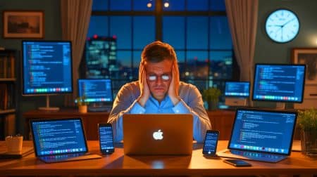 Illustration von einem Entwickler, dessen Apple-Account gesperrt wurde und der vor Datenverlust steht.